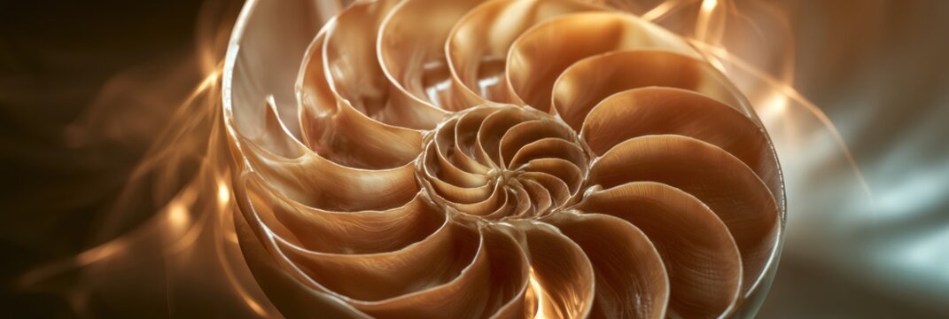 A cross-section of a nautilus shell highlighting its spiral structure in warm tones and soft light on a dark background.