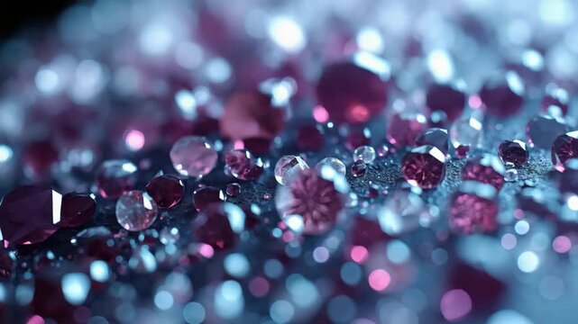 Sparkling purple gemstone bokeh closeup with shallow depth dreamy pink blue droplets