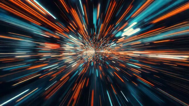 Neon light streak blur motion futuristic convergence of vibrant colorful streaks radiating center