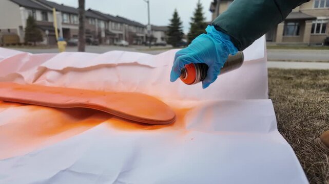Kid spray painting skateboard deck in front yard - close up on can and hand