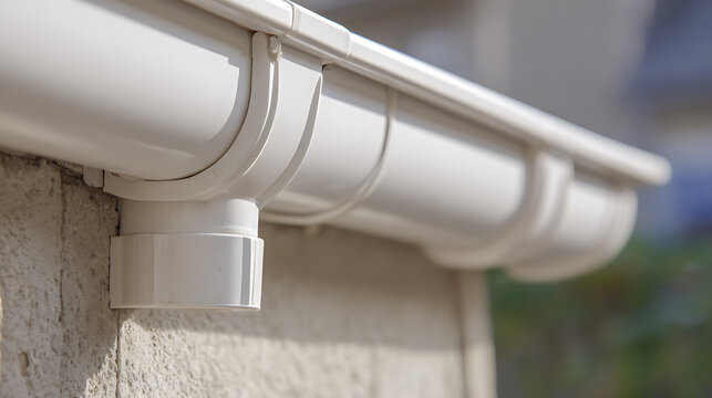 Clean white plastic gutter system attached to the exterior wall of a building, illustrating modern rain water drainage solutions and home maintenance