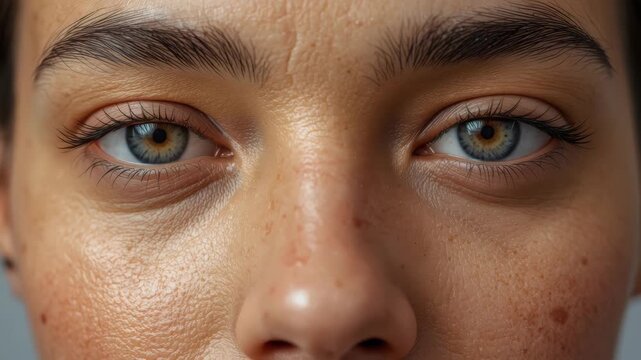 Closed eyes close up of freckled skin texture hazel blue eyes natural pores and tired expression