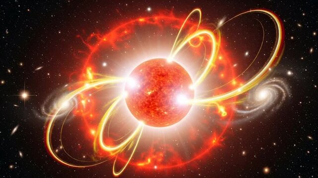 Vibrant orange star with swirling energy orbits in space