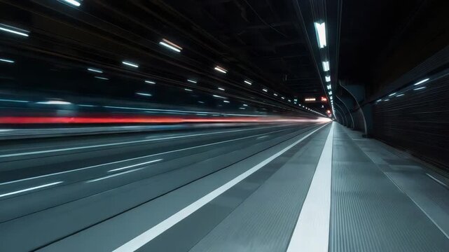 Empty subway platform night with motion blur train streaks, platform tunnel futuristic cool lighting