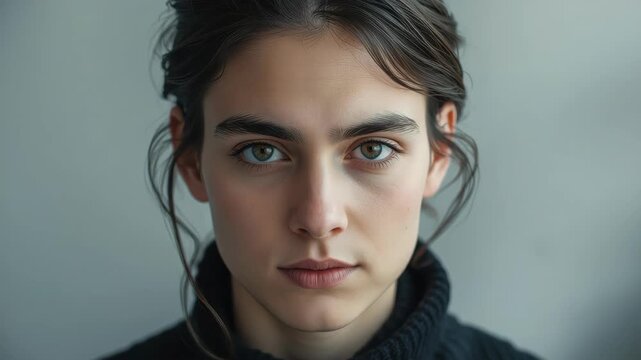 Young woman portrait close up face neutral expression soft lighting intense gaze tired tousled hair