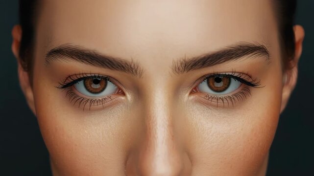 Young woman close up portrait with brown eye natural skin soft intense gaze calm confidence