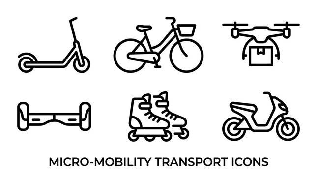 Micro mobility transport icons set including scooter bicycle drone hoverboard roller skates and electric motorcycle