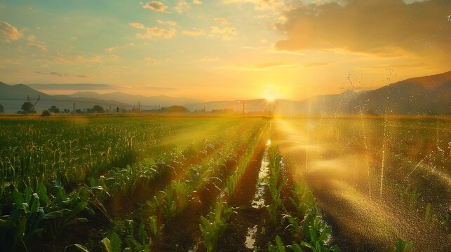 Golden hour sunlight illuminating lush agricultural field with irrigation system during sunset