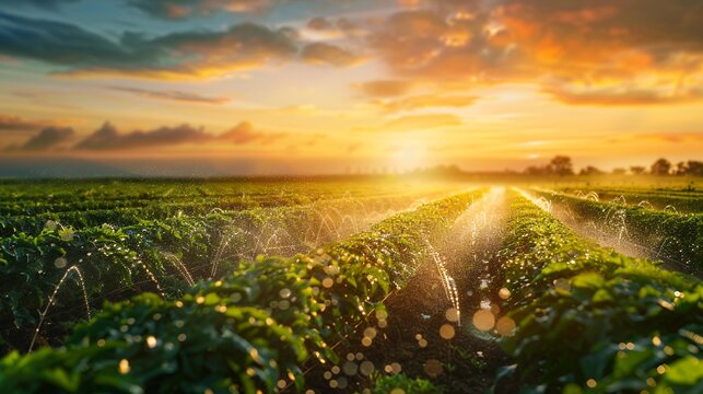 Golden hour sunlight illuminating lush green agricultural field with dew-covered crops at dawn
