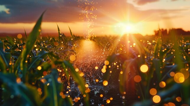Golden hour sunlight illuminating dew-covered wheat field with bokeh light effects