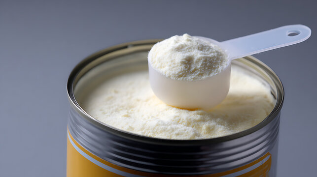 Milk Powder in Can with Scoop: Essential Dairy Product for Nutrition and Culinary Use, Perfect for Food Packaging Design and Health Concepts