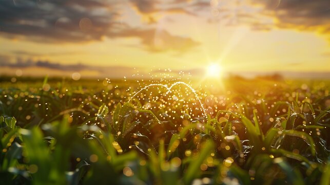 Golden hour sunlight illuminating lush green field with vibrant rays and copy space for branding