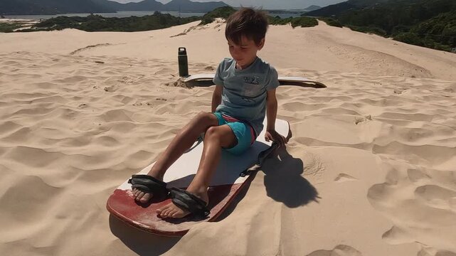 Young boy getting ready to slide down sand dunes on board in South America