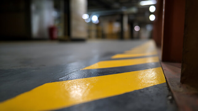 Low angle view of yellow and black warning stripes on a dark concrete floor in an urban underground parking garage interior, industrial space