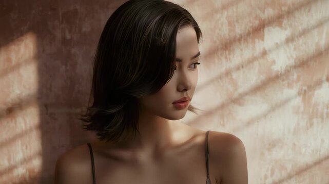 Young woman with short hair bathed soft window light, closed eyes serene portrait with textured