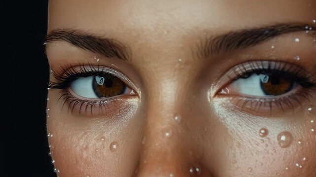 Brown eye closeup with water droplet wet skin, natural texture and eyelash dewy closeup expression