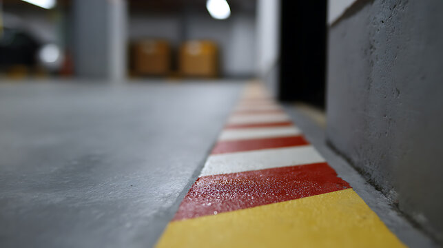 Low angle view of a yellow line with red and white hazard stripes on a concrete floor in an underground car park or industrial space