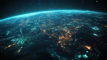 Obraz premium Futuristic global network connection with glowing lines connecting cities on Earth