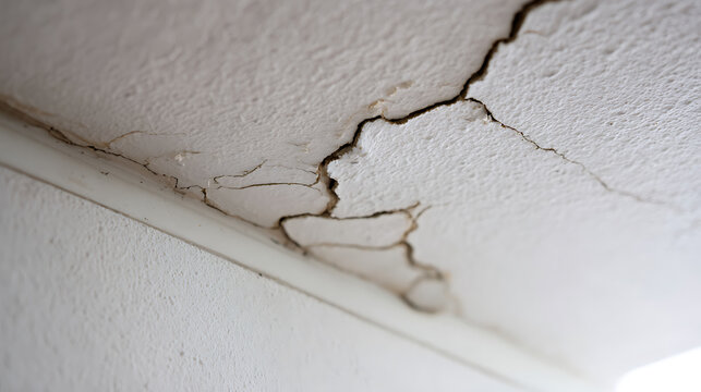 Damaged Ceiling with Large Cracks and Water Stains Indicating Structural Problems Requiring Repair and Maintenance, Close Up View