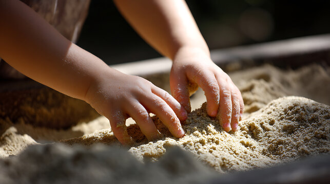 Little hands explore and play with sand, soft light highlights childhood innocence and tactile discovery in an outdoor setting, close-up abstract view