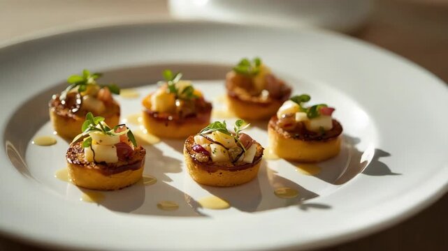Mini savory polenta and potato rounds appetizer topped with creamy cheese, herb garnish and drizzle