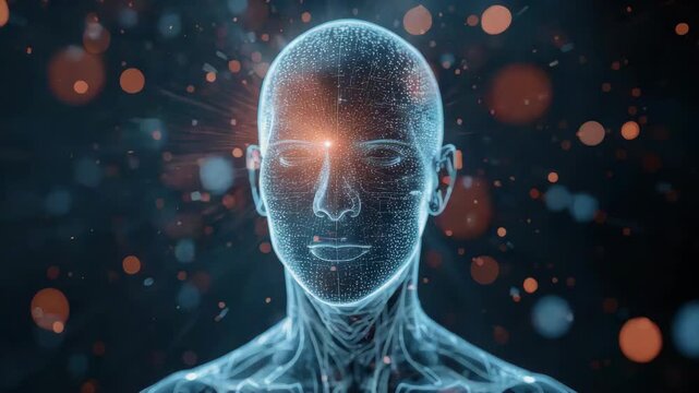 Futuristic human head wireframe glowing neural lights with illuminated third eye and glowing neural