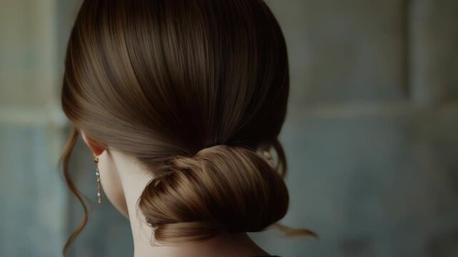 Elegant woman low bun hairstyle with dangling earring and jewelry, young profile with soft makeup