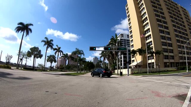 Streets of West Palm Beach as seen from a moving car, Florida