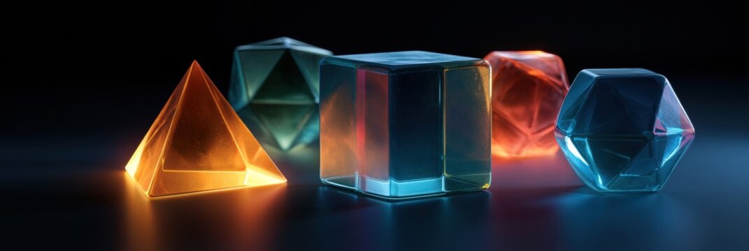 Abstract shapes including a tetrahedron, cube, and octahedron glow in elemental colors against a dark cosmic background creating a unique design.