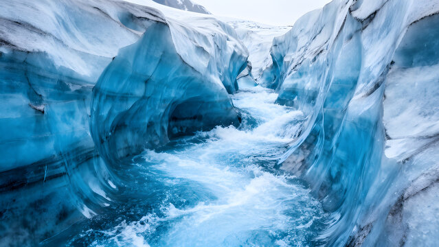 Deep crevasse with fast flowing clear glacial meltwater