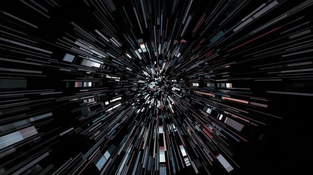 Abstract radial burst of metallic rectangular shards and geometric rectangles creating dynamic