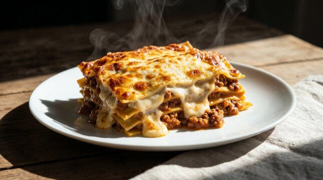 Delicious steaming hot meat lasagna with melted cheese served on a white plate on a rustic wooden table with natural light