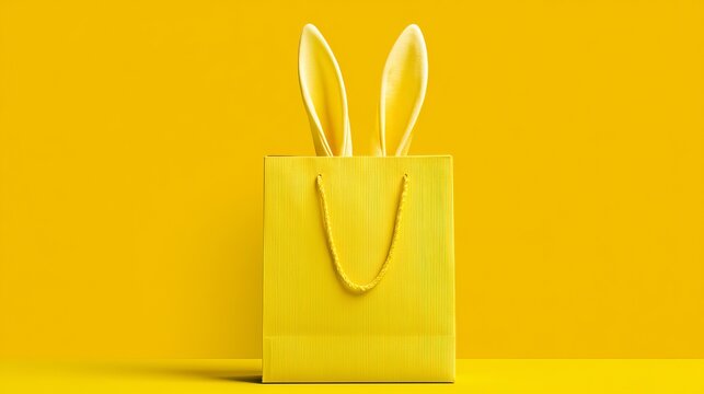 Yellow Gift Bag With Bunny Ears Emerging Isolated On Yellow Background For Easter Shopping Concepts