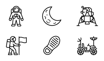 Space Exploration Icons Set: Astronaut, Moon, Lunar Lander, Rover, Footprint, Flag   Vector Graphics for Science and Technology © Sohana