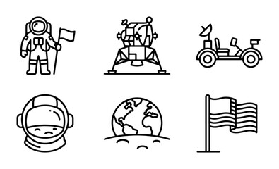 Space Exploration Icons Set: Astronaut, Lunar Lander, Rover, Earth, Flag, Helmet Vector Graphics for Science and Technology Projects © Jalal