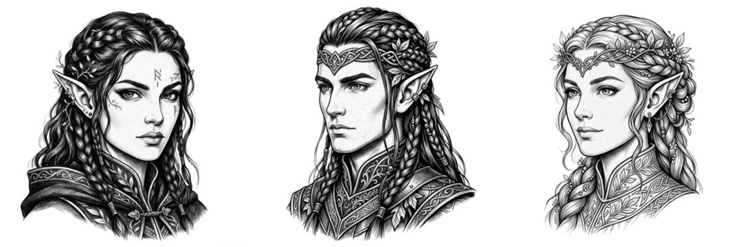 Set of hand drawn male elf character sketch isolated on white background