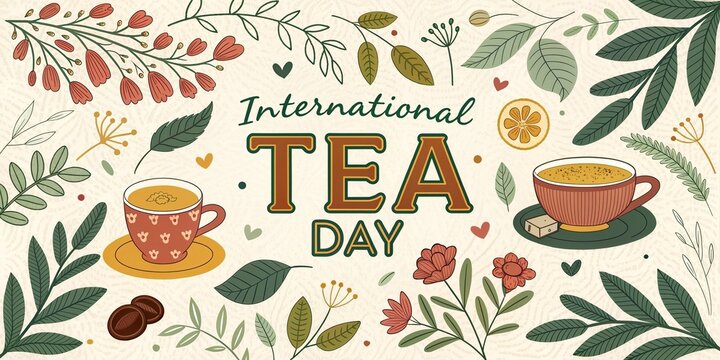 International Tea Day banner with world map teapot cups and loose tea leaves