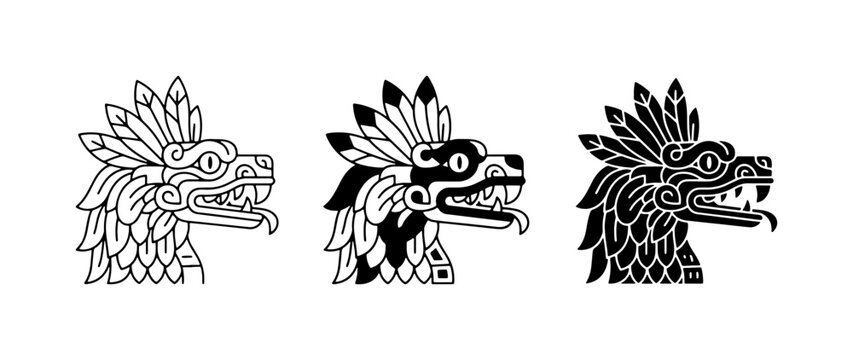 Aztec Serpent Head Vector Icons, Mesoamerican Dragon Symbol, Tribal Mythology Art, Ancient Culture Graphics, Quetzalcoatl Iconography