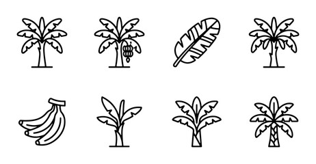 Tropical Palm Tree and Banana Icons Set, Vector Line Art Collection for Summer and Exotic Themes, Minimalist Nature Graphics © Hasanur
