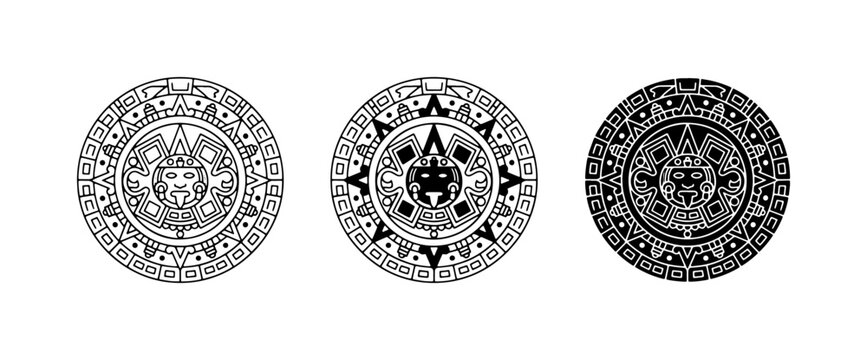 Aztec Sun Stone Vector Icons, Mesoamerican Calendar Symbols, Ancient Civilization Art, Cultural Heritage Graphics, Black and White Circular Designs