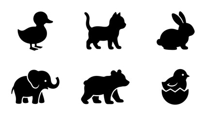 Six Silhouette Animal Icons: Duckling, Kitten, Rabbit, Elephant, Bear Cub, Baby Chick, Vector Graphics for Pet, Wildlife, and Farm Themes © Nazmun