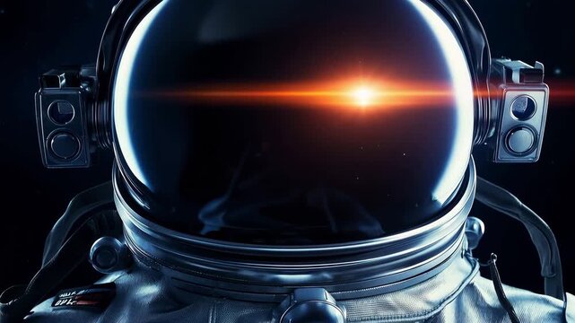 Astronaut helmet close up in deep space, cinematic space exploration portrait with reflective visor, dramatic lens flare, futuristic spacesuit and dark cosmic backg