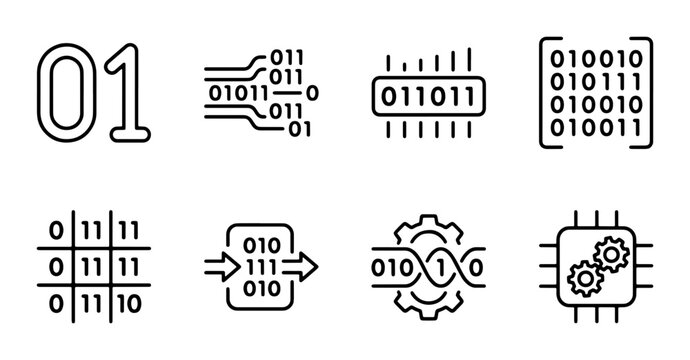 Digital Data Icons, Binary Code Set, Technology Symbols, Computer Chip Graphics, Abstract Algorithm Elements, 8-Piece Vector Collection for Tech Concepts