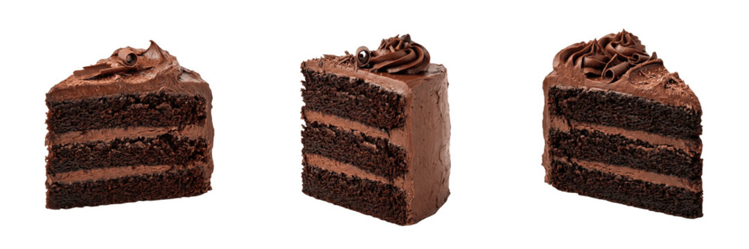 Set and collection of slice of chocolate layer cake isolated on white background