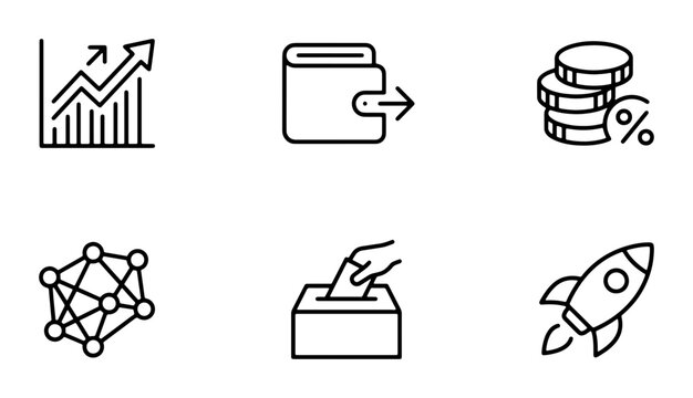 Modern Finance and Business Icons Set: Growth Chart, Wallet, Coins, Network, Voting, Rocket Launch, Vector Graphics for Financial Concepts
