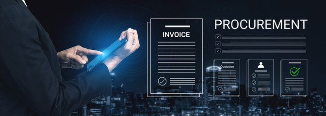 Naklejka premium Business Professional Using Digital Tablet for Procurement Management with Documents and Cityscape Background at Night Cyphers