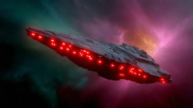 Futuristic sci fi spaceship flying in deep space with colorful nebula vortex behind, detailed mechanical structure, cinematic lighting, vibrant red green blue cosmic background