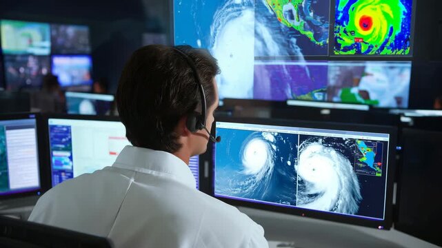 Meteorologist analyzing hurricane on weather control screens, storm tracking, climate monitoring, emergency forecasting, satellite data, disaster warning and weather technology