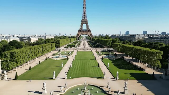 Eiffel Tower aerial view over Champ de Mars gardens and Trocadero fountains. Iconic Paris landmark on sunny day for luxury travel, French tourism, and holiday destination
