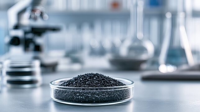 Activated Carbon Powder In Glass Dish On Laboratory Counter For Science Research Concepts